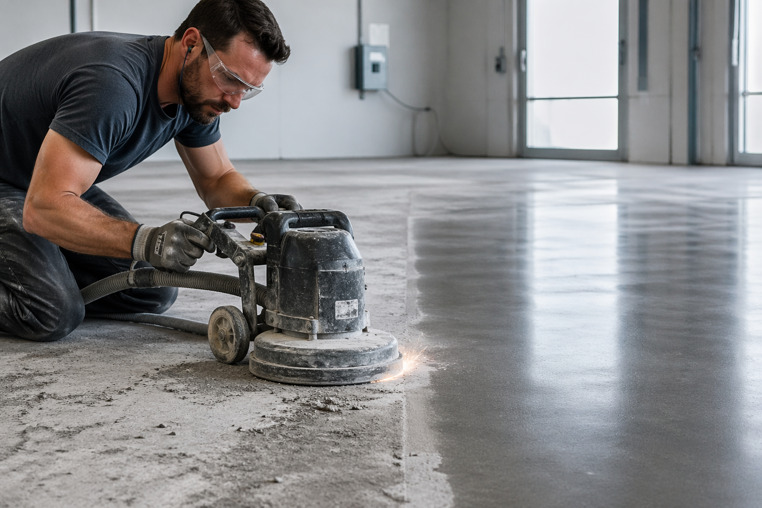 high-gloss epoxy commercial floor inside a large warehouse